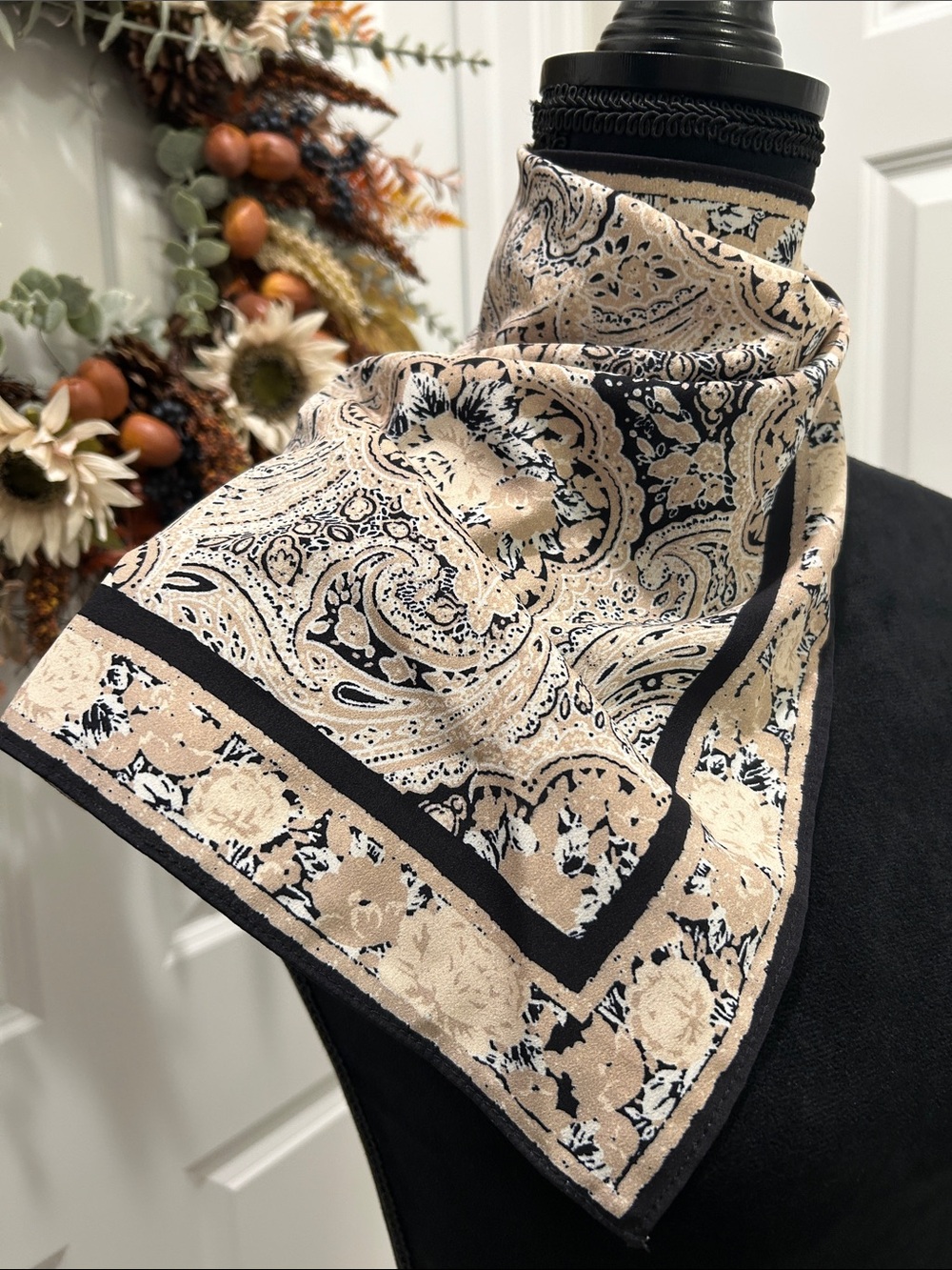 Beige Paisley Neck Scarf with Black Trim - Women Accessories OS